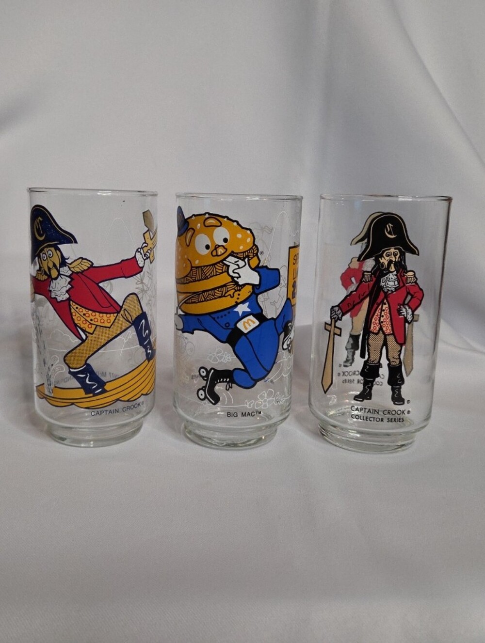 3 McDonald's 1977 Action &Collection Series Glasses 2 Captain Hook 1 Big Mac